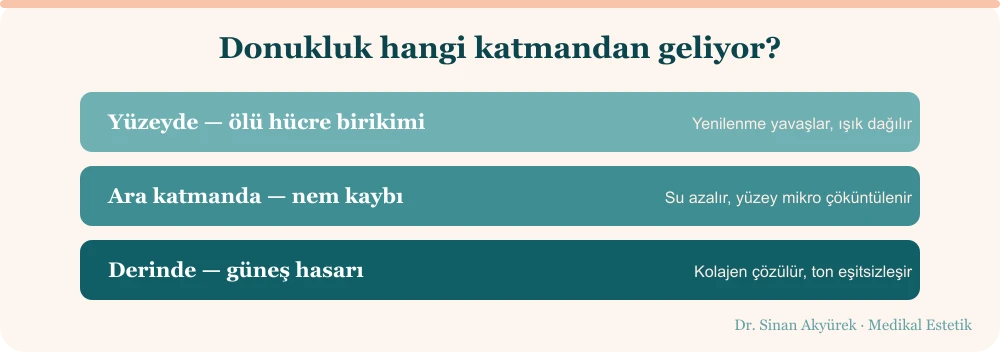 Donuk cildin üç temel sebebi: yüzeyde ölü hücre birikimi, ara katmanda nem kaybı, derinde güneş hasarı