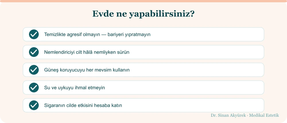 Evde destekleyen beş alışkanlık: nazik temizlik, nemli cilde nemlendirici, her mevsim güneş koruyucu, su ve uyku, sigaranın etkisi