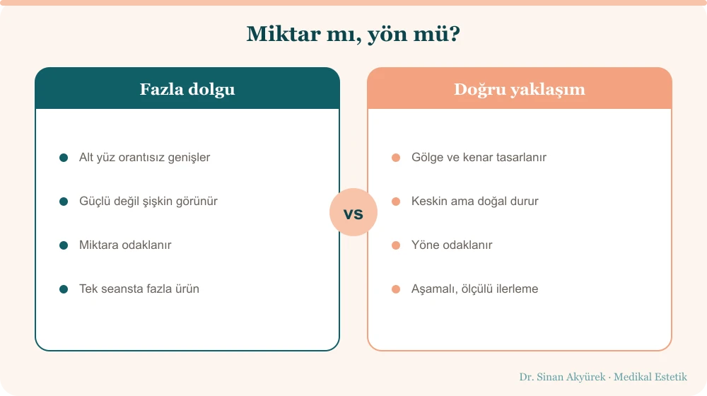 Fazla dolgu ile doğru yaklaşımın karşılaştırması: aşırı hacim şişkin gösterir, yönlü ve ölçülü uygulama keskin ve doğal hat verir