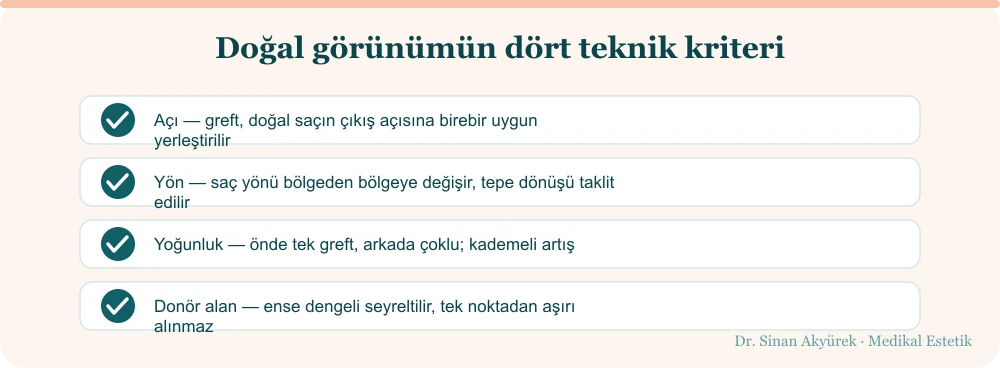 Doğal görünümün dört teknik kriteri: doğru açı, doğru yön, kademeli yoğunluk dağılımı ve dengeli donör alan yönetimi