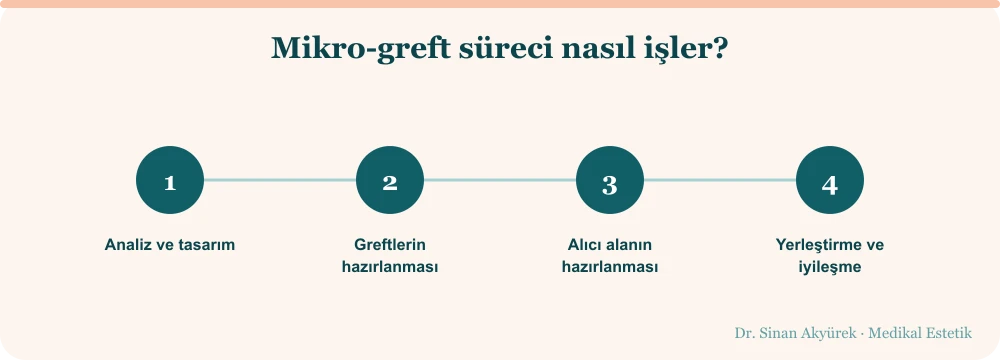 Mikro-greft sürecinin dört aşaması: analiz ve tasarım, greftlerin hazırlanması, alıcı alanın hazırlanması, yerleştirme ve iyileşme