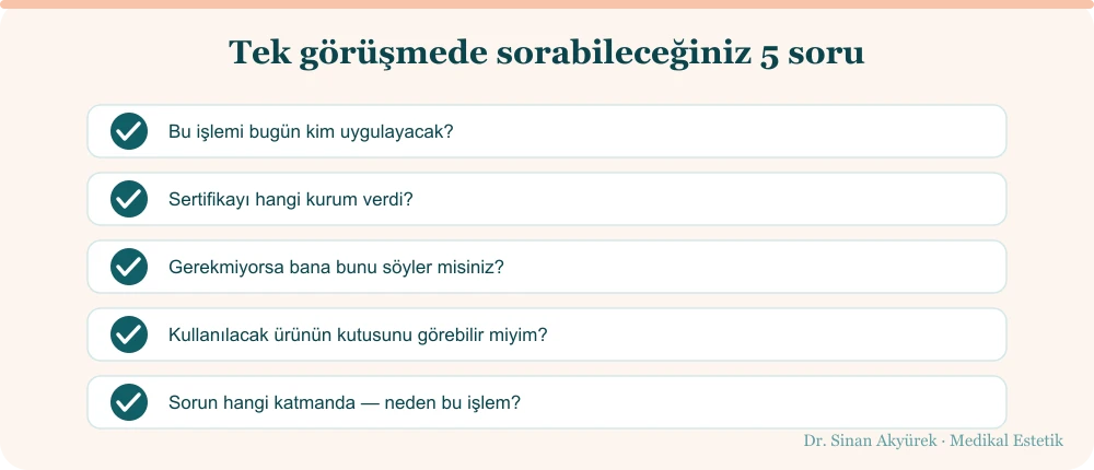 Klinik seçerken tek görüşmede kontrol edilebilecek beş kriter: uygulayan hekim, sertifikanın kaynağı, dürüst iletişim, sterilizasyon işaretleri ve bütüncül değerlendirme