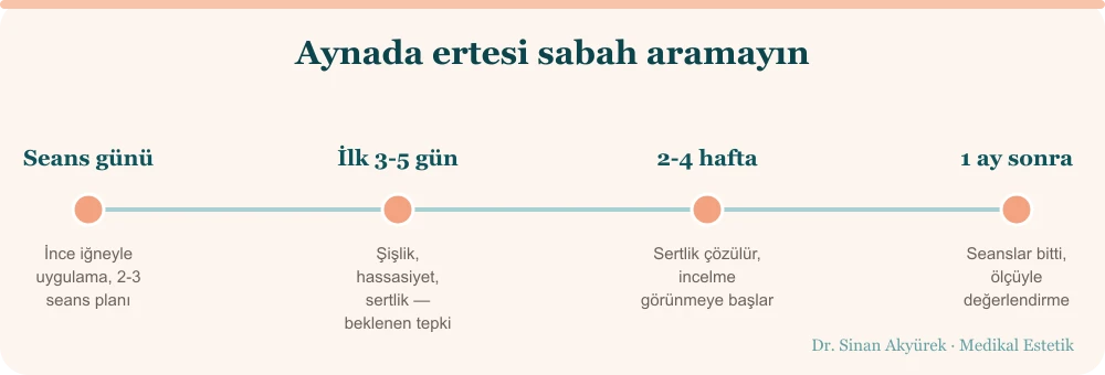 Lemon Bottle zaman çizelgesi: seans günü, ilk günlerdeki şişlik, iki-dört haftada yumuşama ve seanslardan bir ay sonra değerlendirme