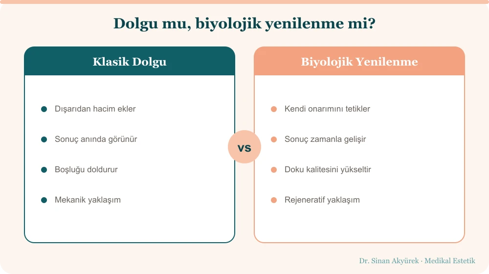 Klasik dolgu ile biyolojik yenilenmenin karşılaştırması: dolgu dışarıdan hacim ekler, yenilenme cildin kendi onarımını tetikler