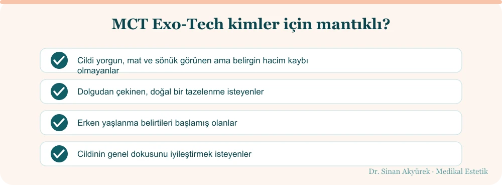 MCT Exo-Tech kimler için uygundur: yorgun ve mat cilt, dolgudan çekinenler, erken yaşlanma, doku iyileştirmek isteyenler